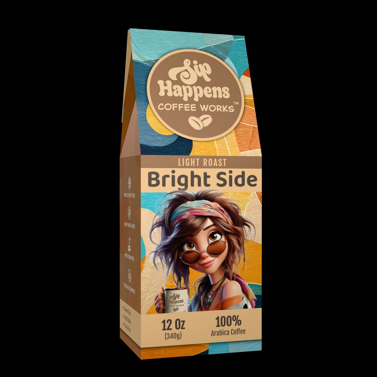 Coffee bag from 'Sip Happens Coffee Works' with a character holding a coffee cup on a white background
