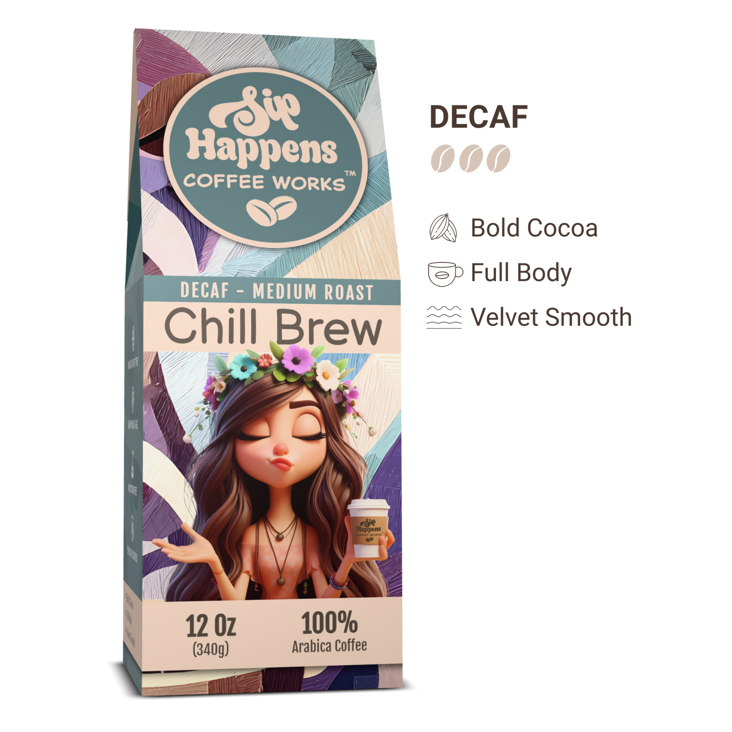 Coffee package with a stylized illustration of a woman holding a coffee cup, featuring the brand 'Sip Happens Coffee Works'.