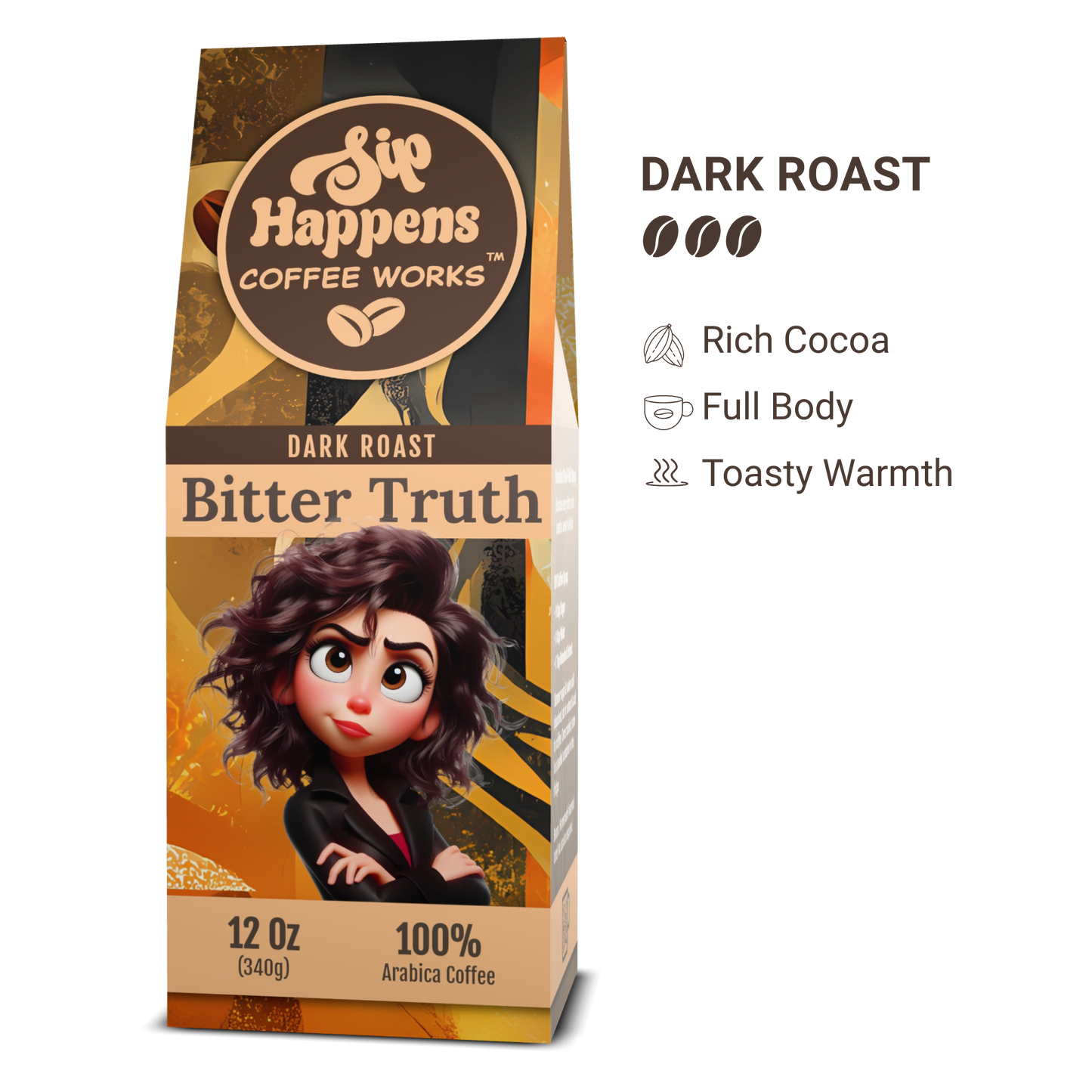 Coffee package with character illustration and coffee brand details