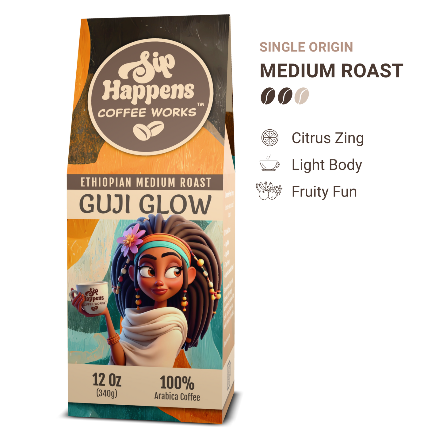 Coffee package with a character design and coffee brand branding
