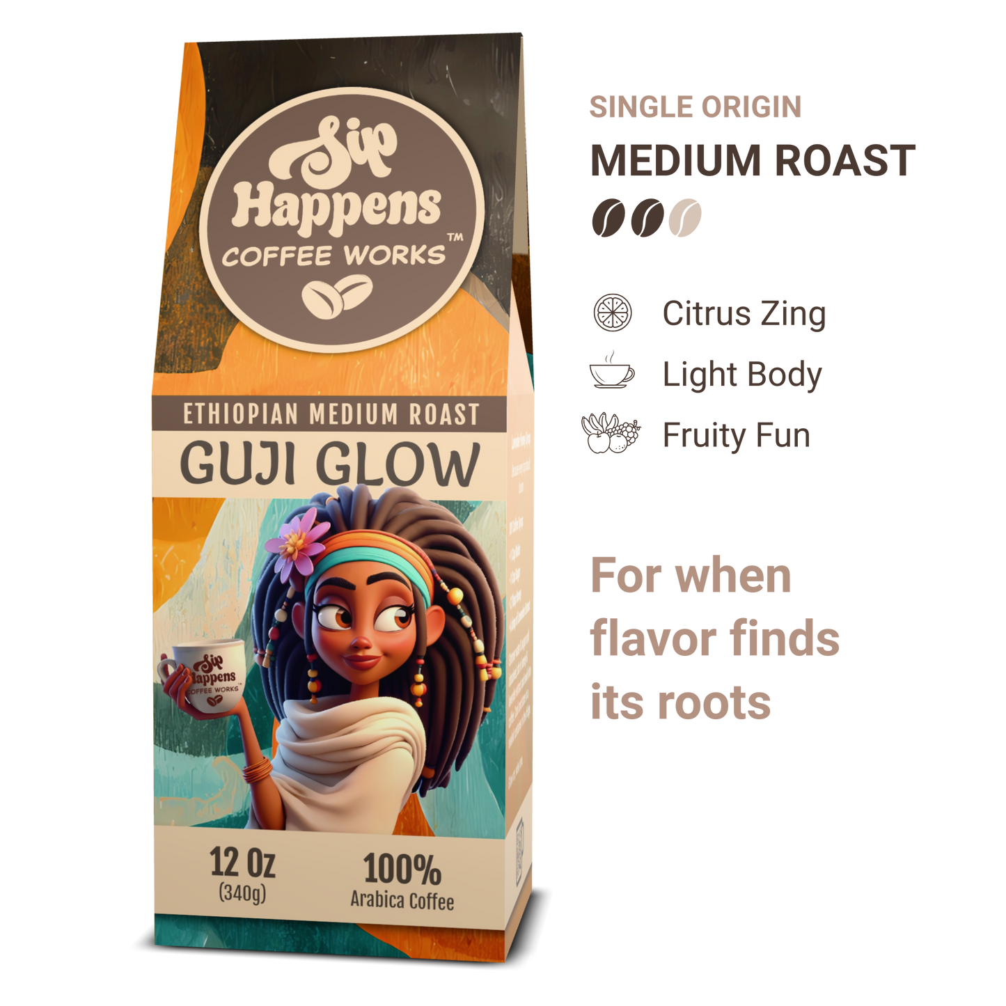 Coffee bag from 'Sip Happens Coffee Works' with a character holding a coffee cup on a white background