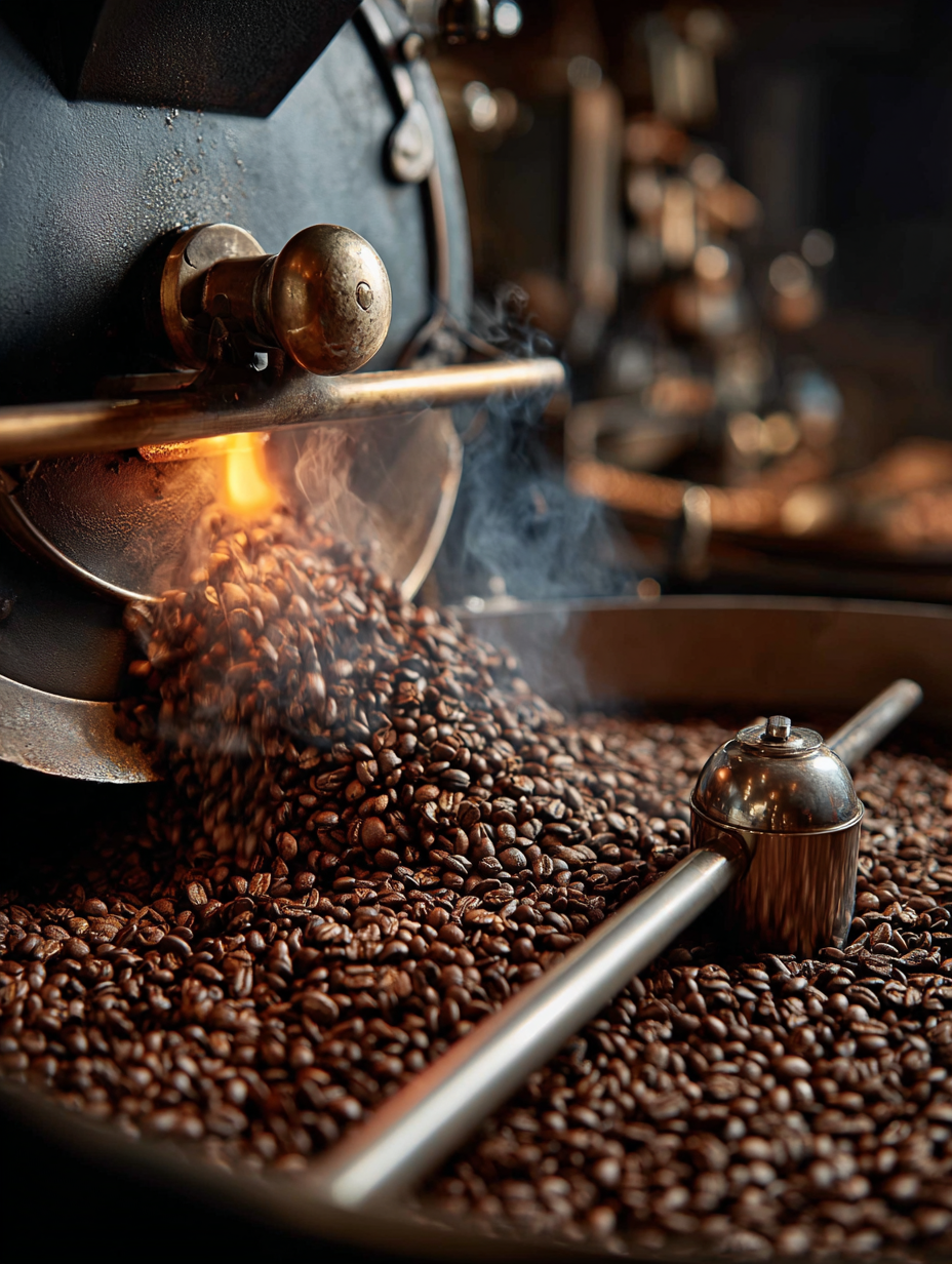 Coffee beans being roasted in a coffee roaster with smoke and heat visible.