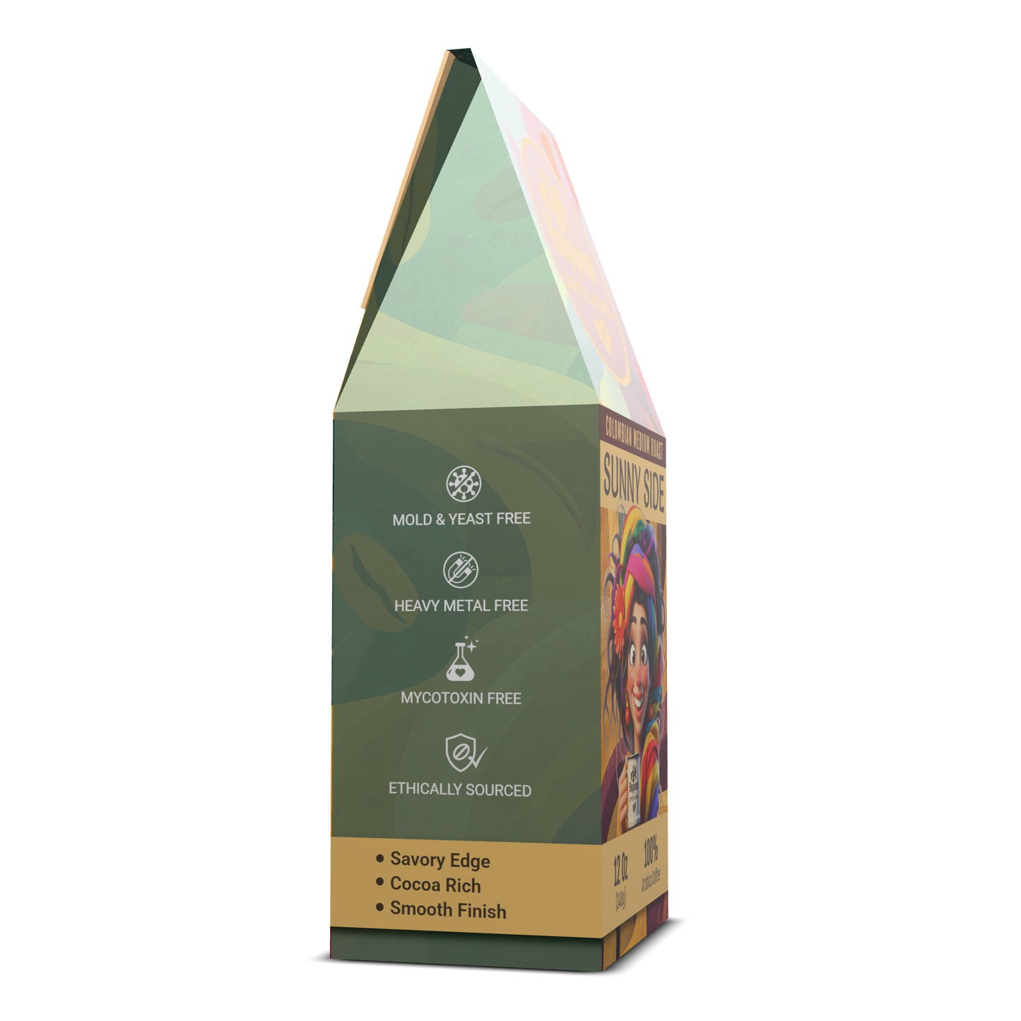 Product packaging with green and brown design on a white background