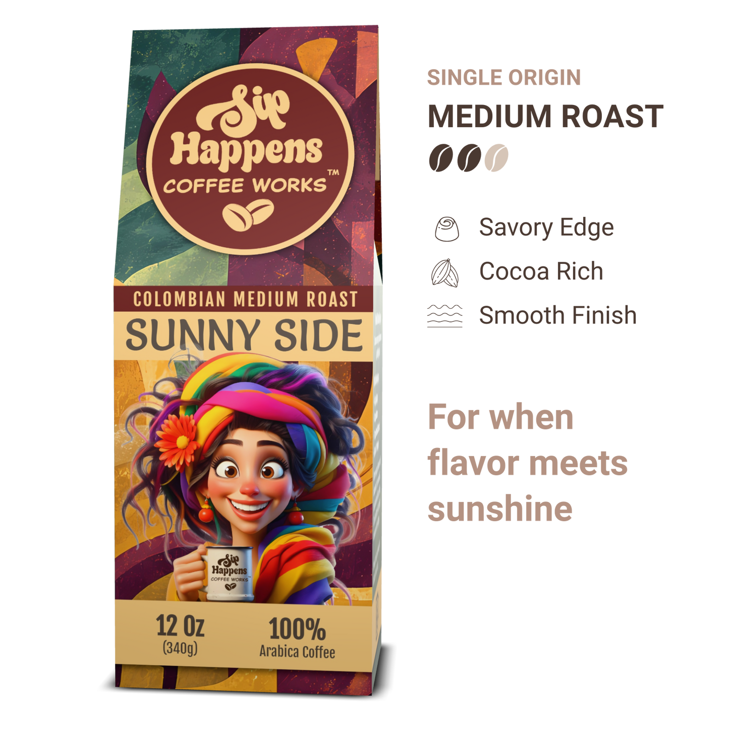 Coffee package with colorful design and character holding a coffee cup, labeled 'Sip Happens Coffee Works'.