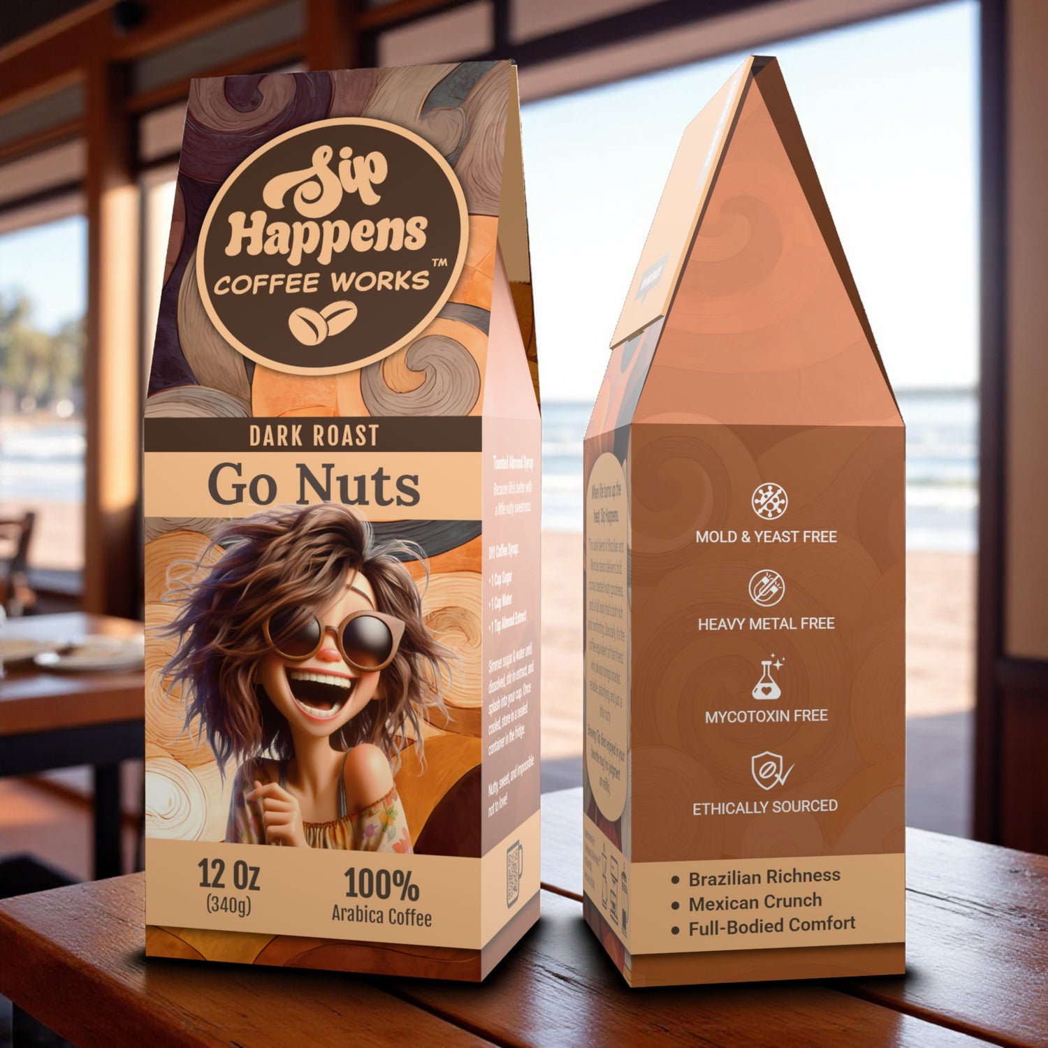 Two coffee packages from Sip Happens Coffee Works on a wooden table with a blurred background.