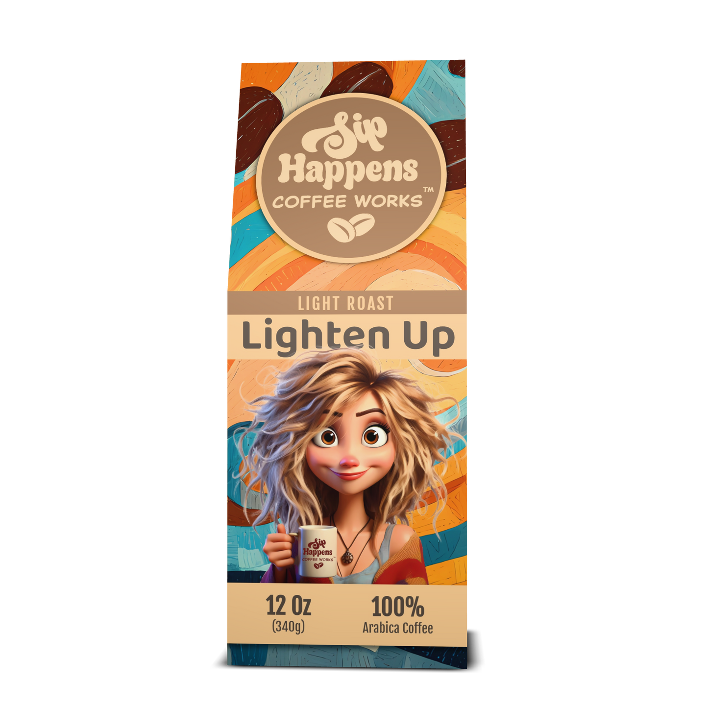 Coffee package with cartoon character holding a coffee cup, featuring 'Sip Happens Coffee Works' brand.