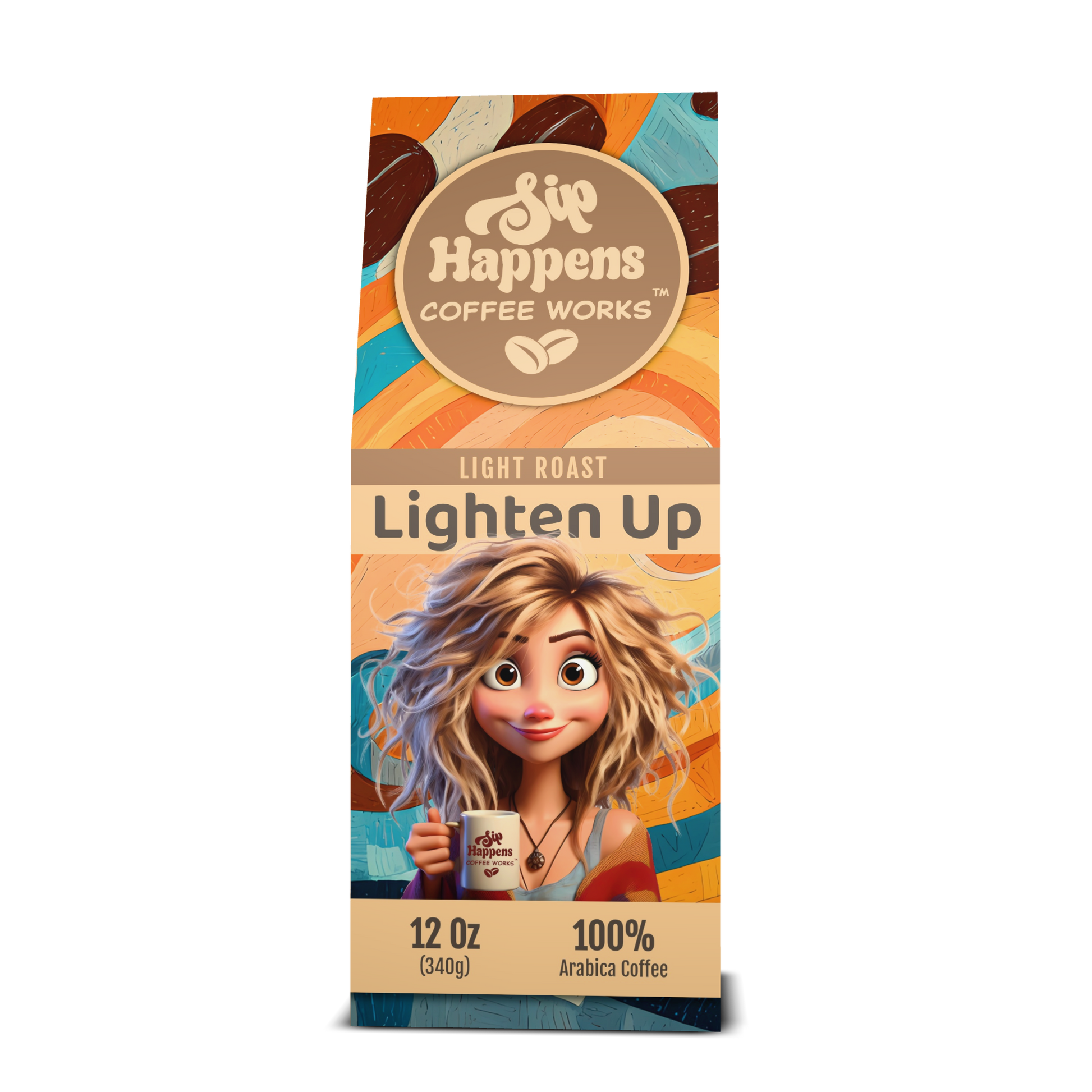 Coffee package with cartoon character holding a coffee cup, featuring 'Sip Happens Coffee Works' brand.
