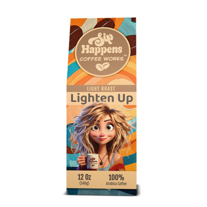 Coffee package with cartoon character holding a coffee cup, featuring 'Sip Happens Coffee Works' brand.