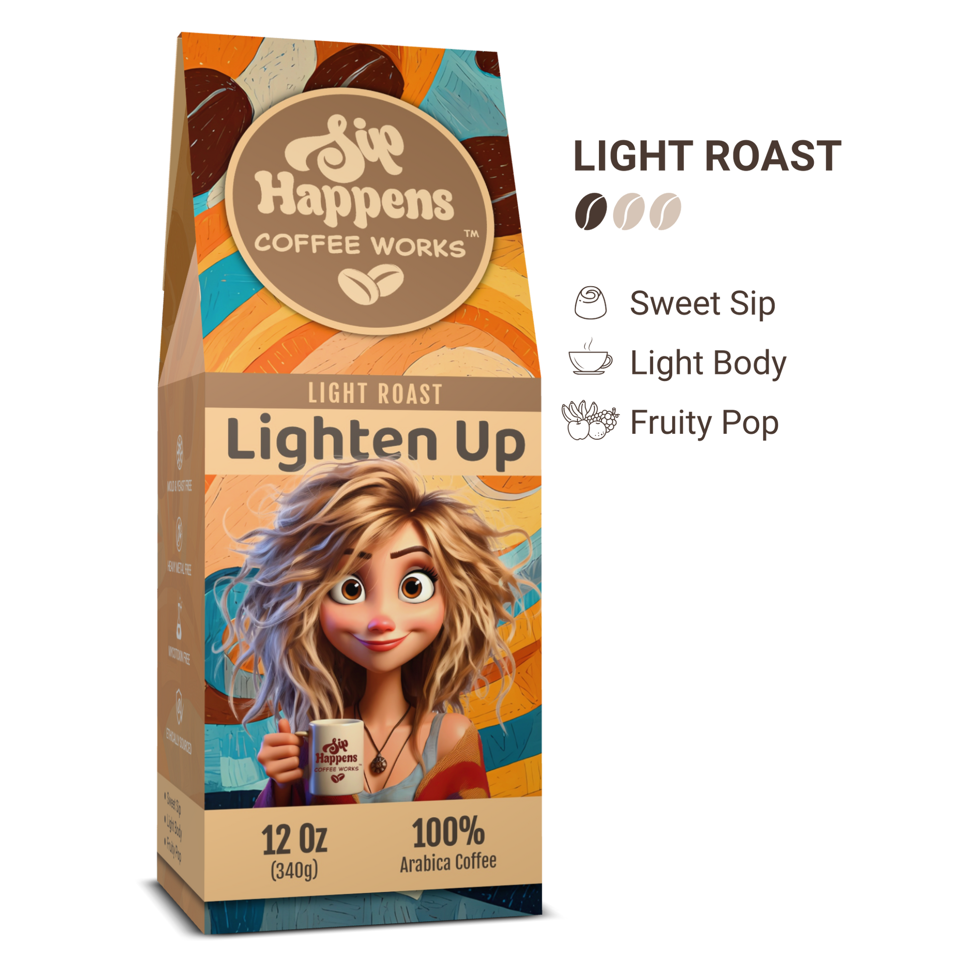 Coffee package with a cartoon character holding a coffee cup, featuring 'Sip Happens Coffee Works' brand.