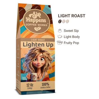 Coffee package with a cartoon character holding a coffee cup, featuring 'Sip Happens Coffee Works' brand.