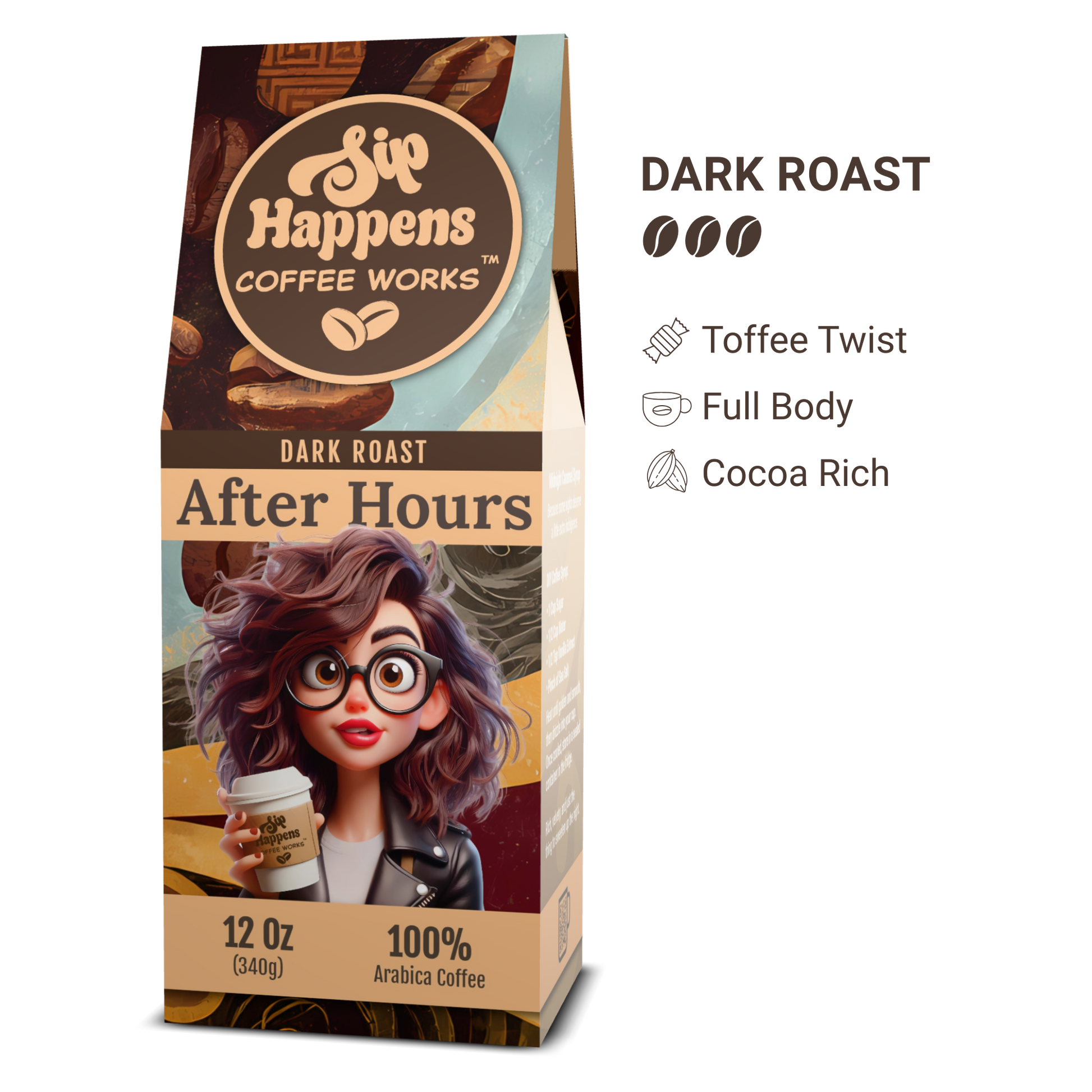 Coffee package with character design and coffee brand branding