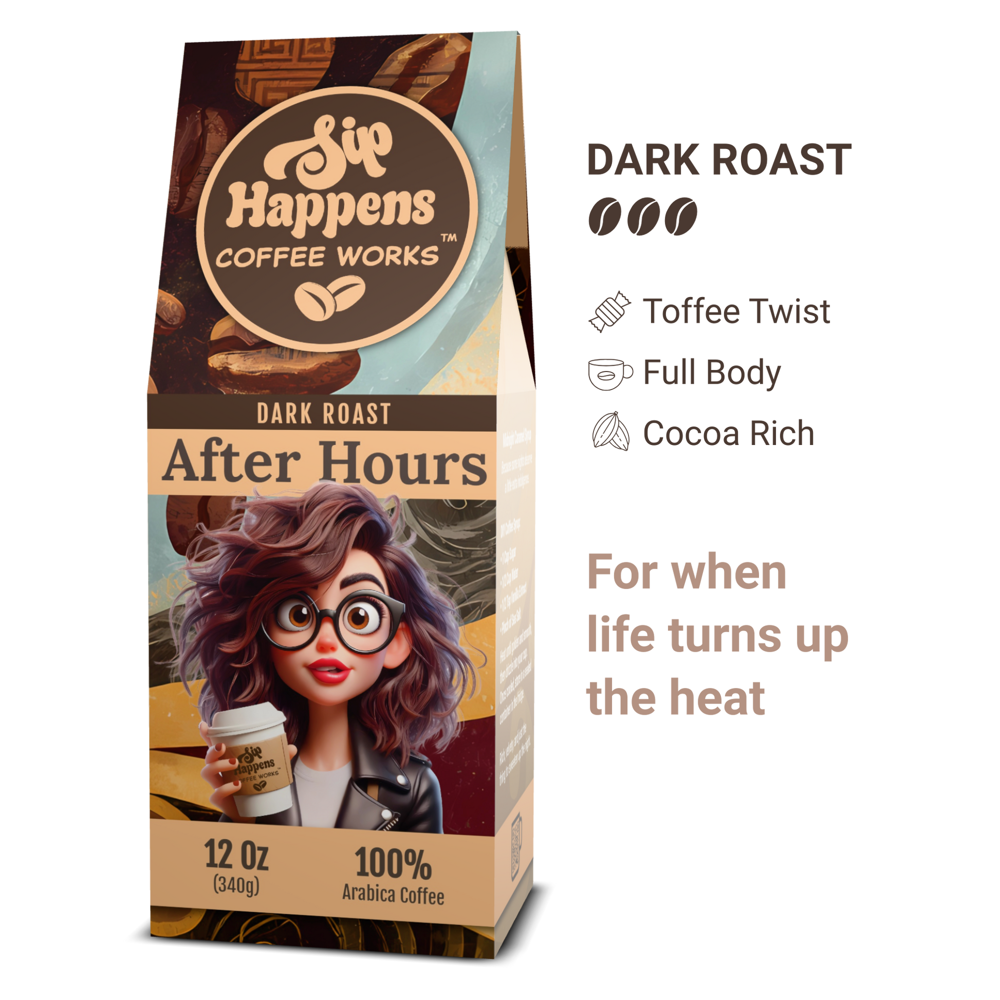 Coffee package with a character holding a coffee cup, labeled 'Sip Happens Coffee Works' on a white background.