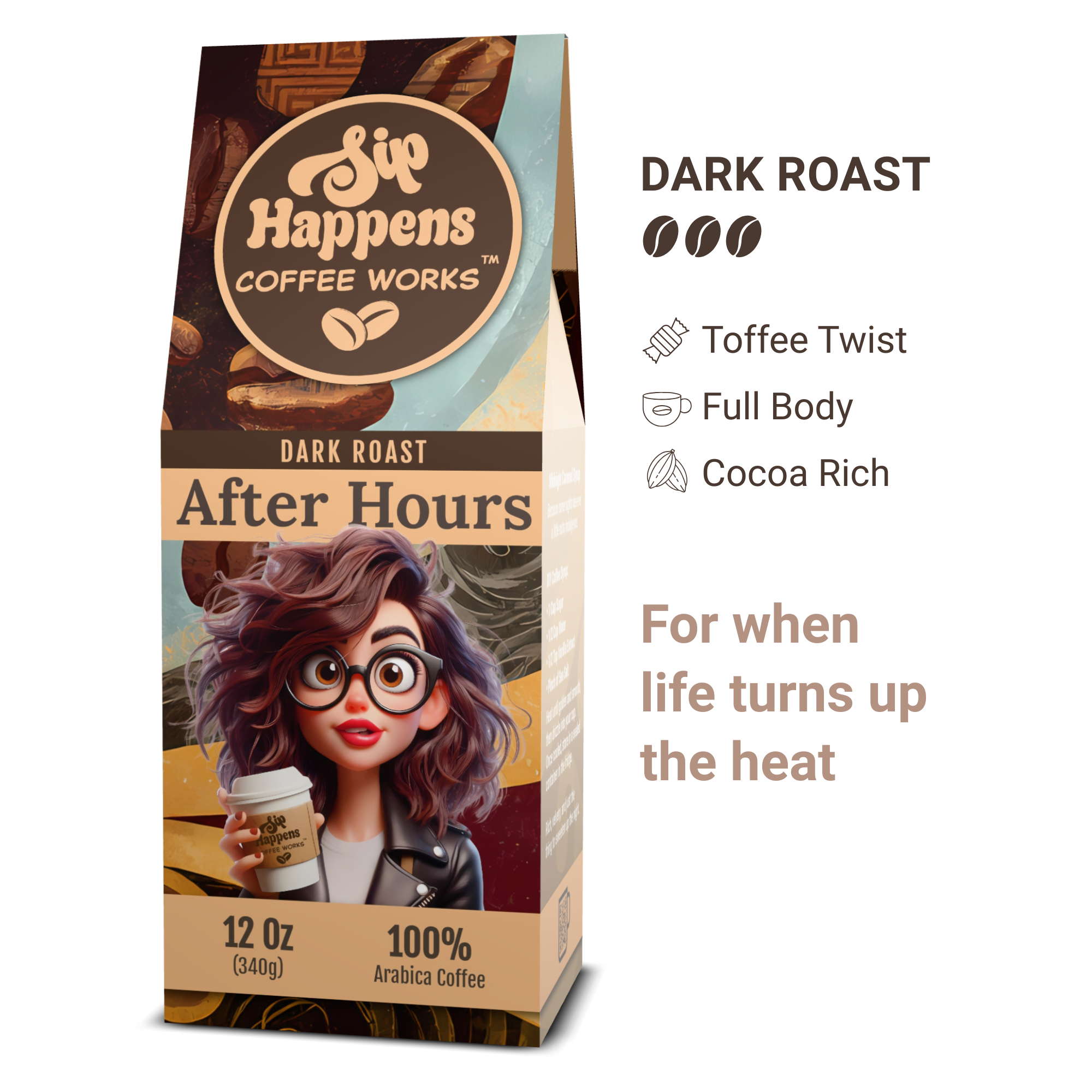 Coffee package with a character holding a coffee cup, labeled 'Sip Happens Coffee Works' on a white background.