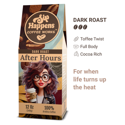 Coffee package with a character holding a coffee cup, labeled 'Sip Happens Coffee Works' on a white background.