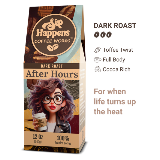 Coffee package with a character holding a coffee cup, labeled 'Sip Happens Coffee Works' on a white background.