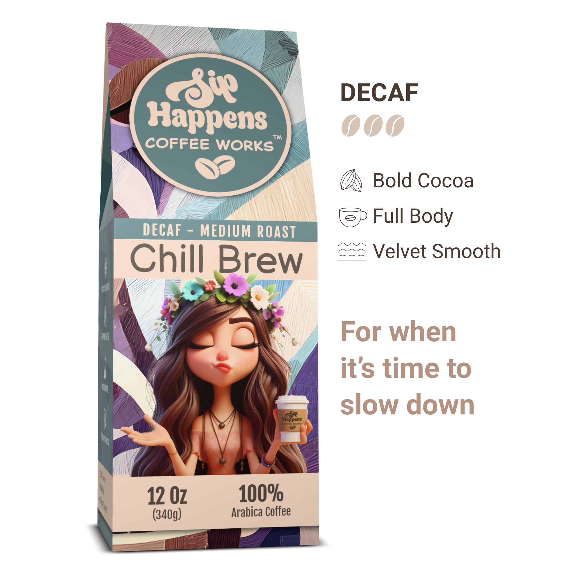 Coffee package with a stylized illustration of a woman holding a coffee cup, featuring the brand 'Sip Happens Coffee Works'.
