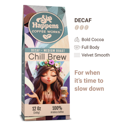Coffee package with a stylized illustration of a woman holding a coffee cup, featuring the brand 'Sip Happens Coffee Works'.