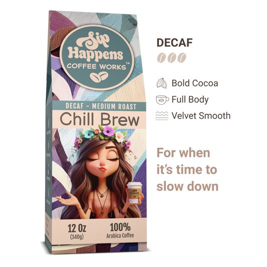 Coffee package with a stylized illustration of a woman holding a coffee cup, featuring the brand 'Sip Happens Coffee Works'.