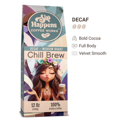 Coffee package with a stylized illustration of a woman holding a coffee cup, featuring the brand 'Sip Happens Coffee Works'.