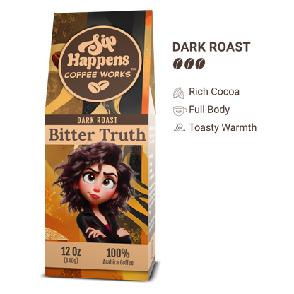 Coffee package with character illustration and coffee brand details
