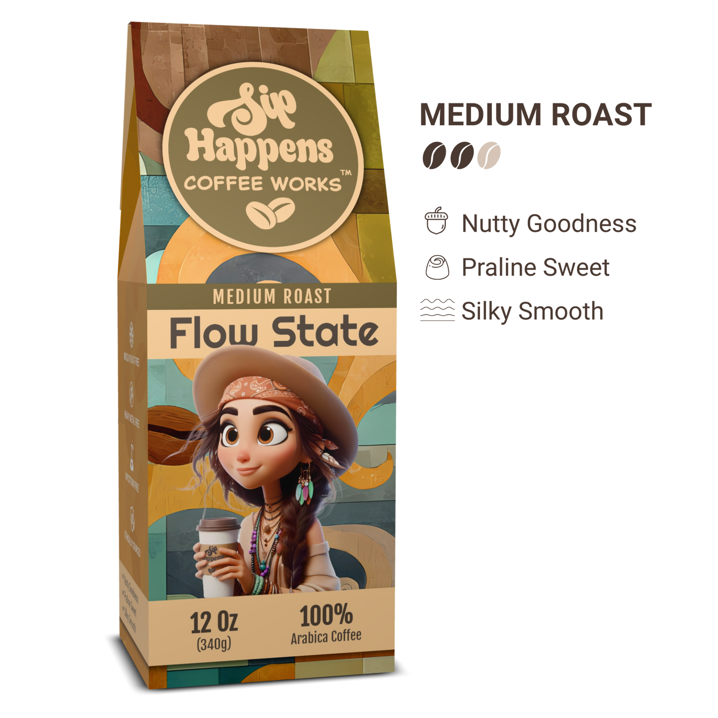 Coffee package with cartoon character holding a coffee cup, labeled 'Sip Happens Coffee Works Flow State'.