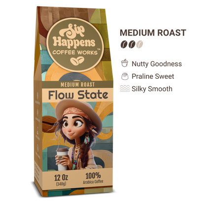 Coffee package with cartoon character holding a coffee cup, labeled 'Sip Happens Coffee Works Flow State'.