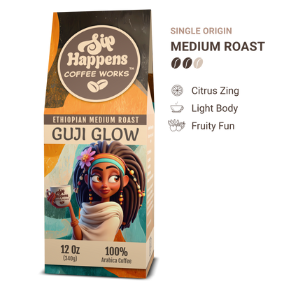 Coffee package with a character design and coffee brand branding