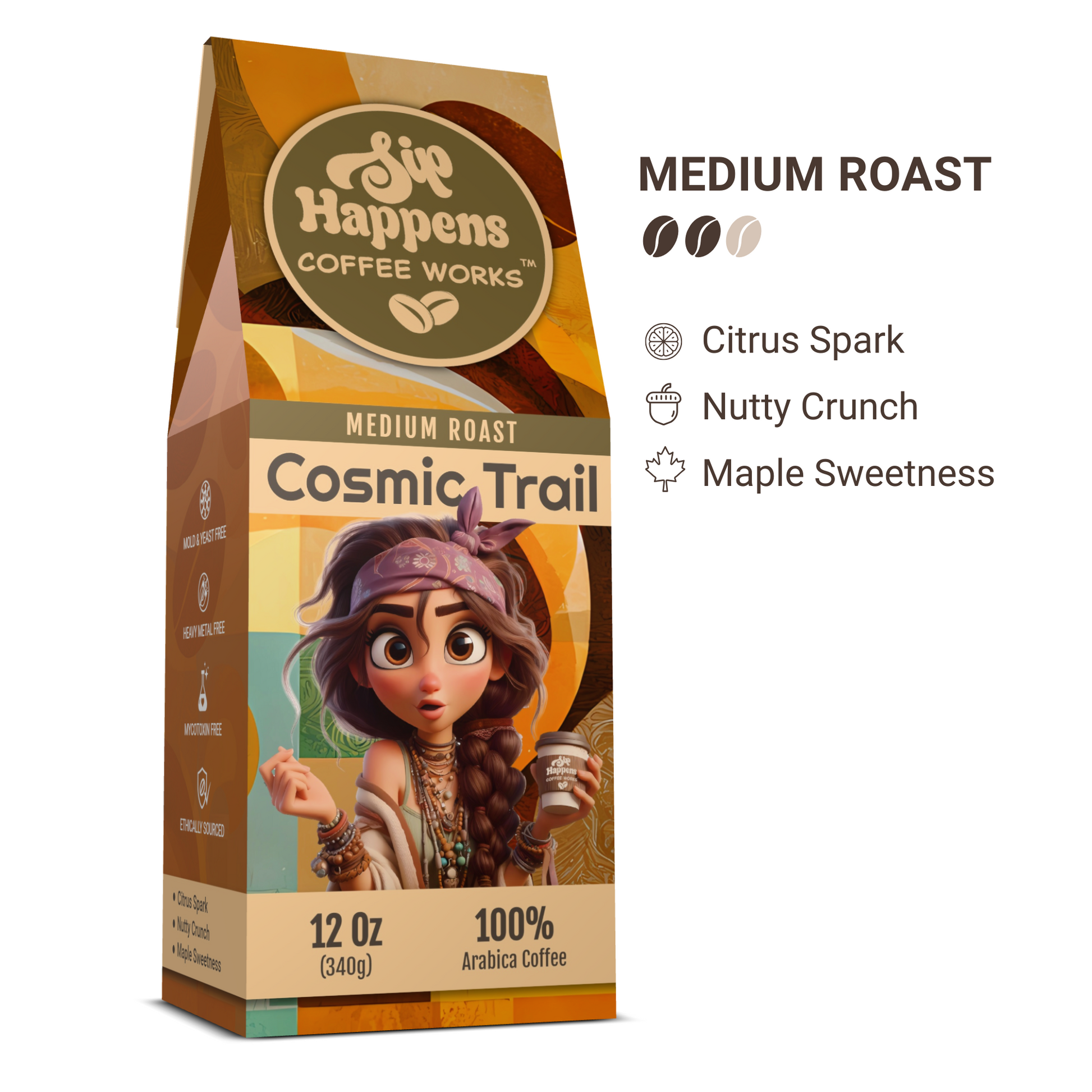Coffee bag from 'Sip Happens Coffee Works' with a character holding a coffee cup on a white background
