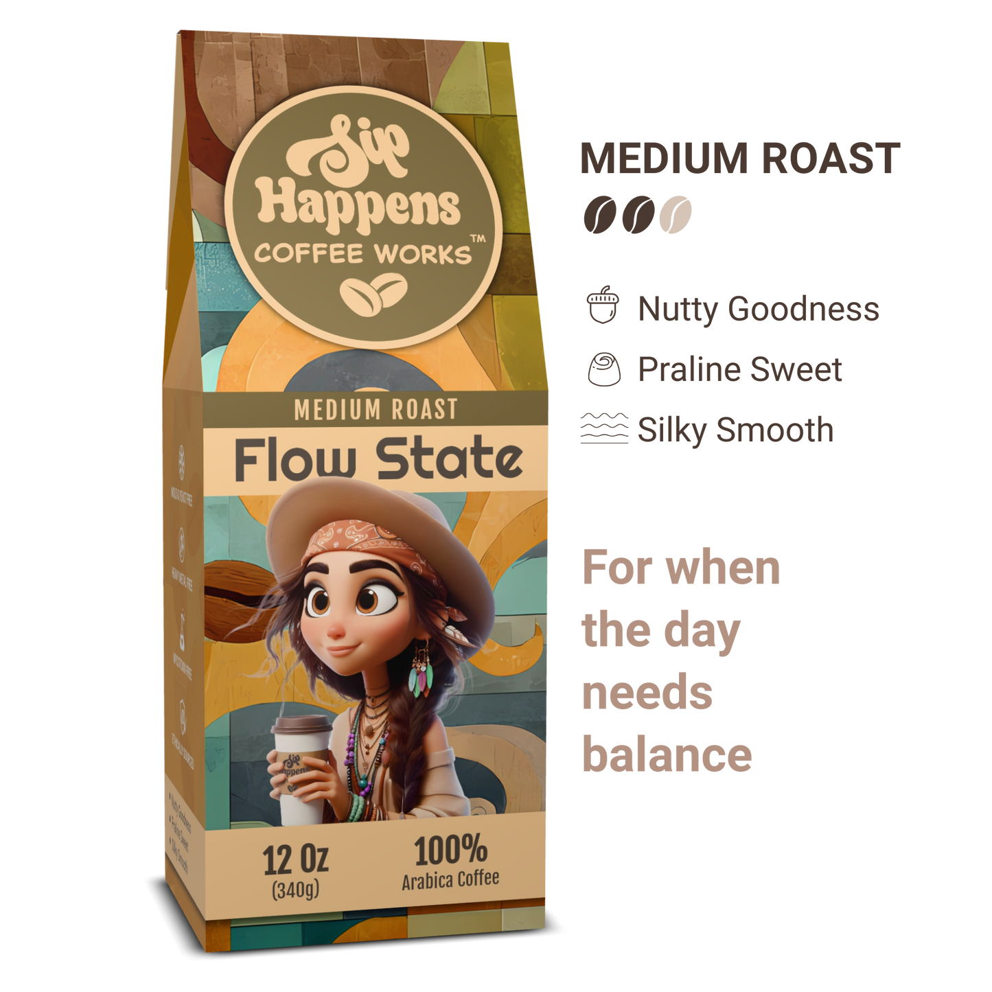 Coffee bag from 'Sip Happens Coffee Works' with a character holding a coffee cup on a white background
