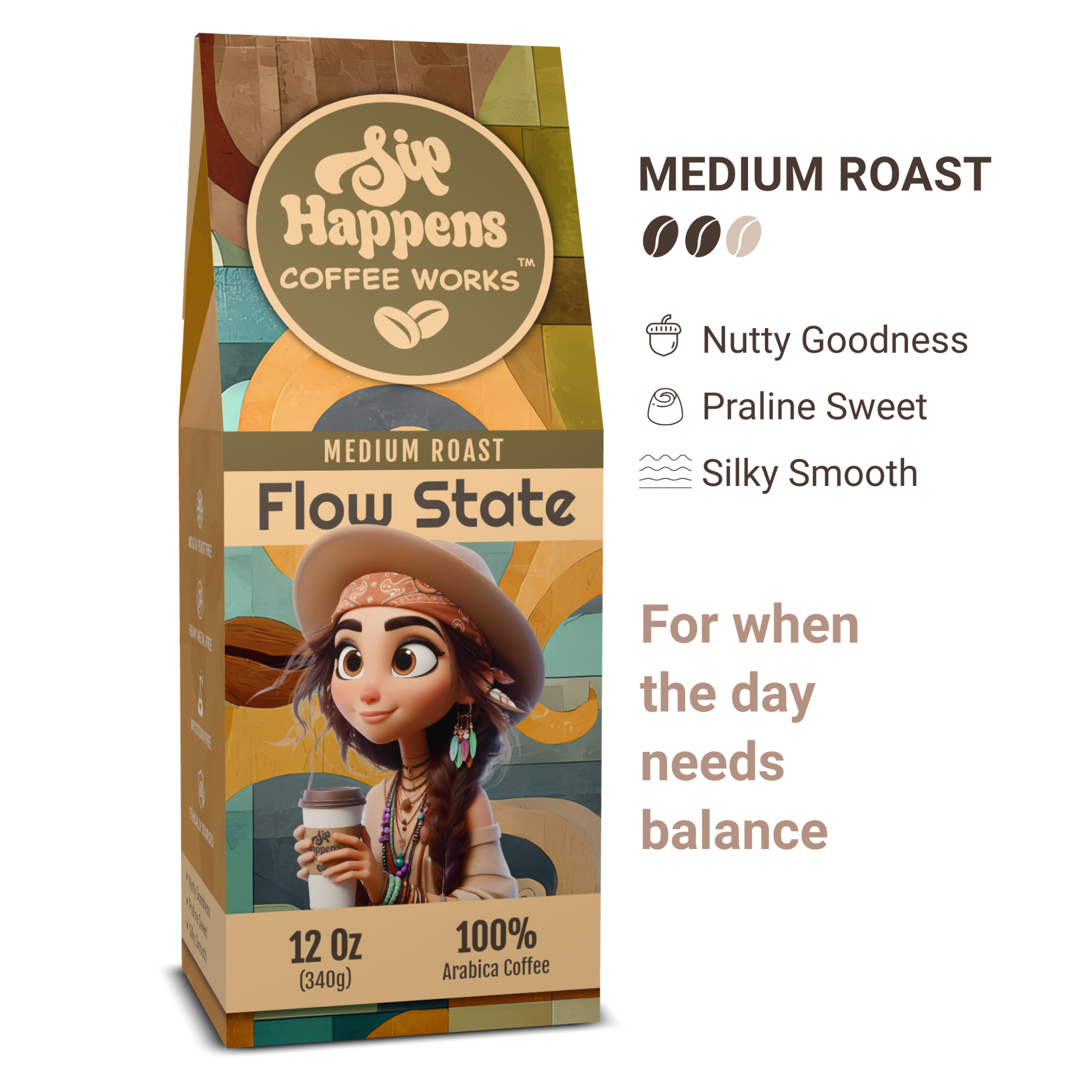 Coffee bag from 'Sip Happens Coffee Works' with a character holding a coffee cup on a white background
