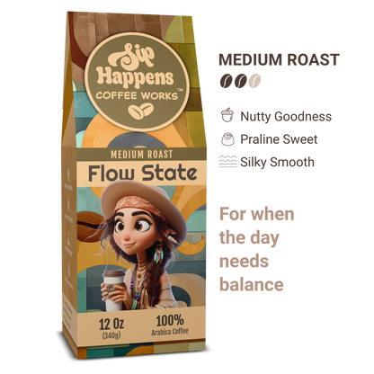 Coffee bag from 'Sip Happens Coffee Works' with a character holding a coffee cup on a white background
