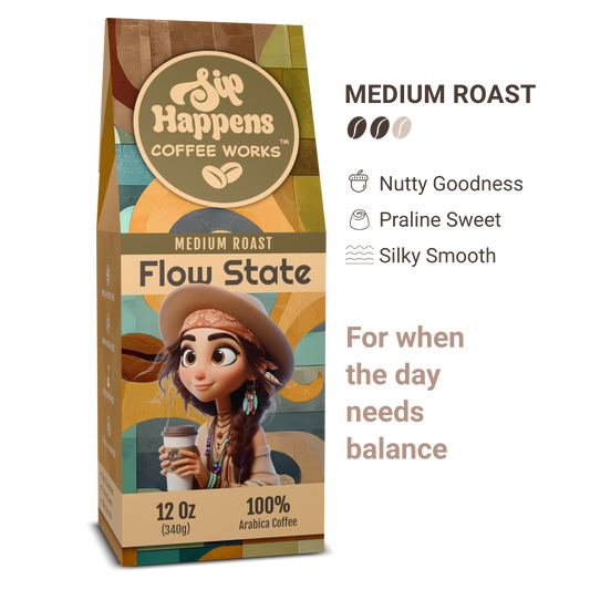 Coffee bag from 'Sip Happens Coffee Works' with a character holding a coffee cup on a white background
