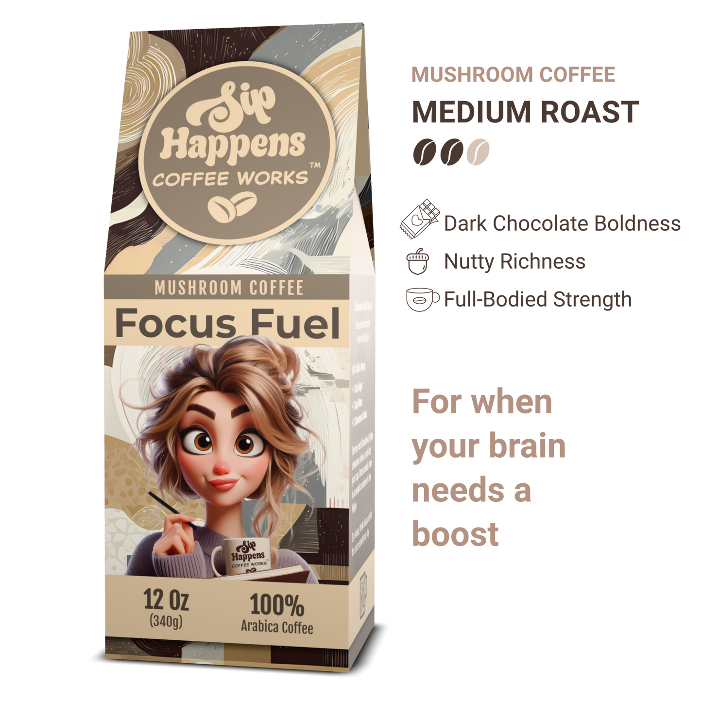 Coffee package with cartoon character and text about 'Sip Happens Coffee Works' focus fuel