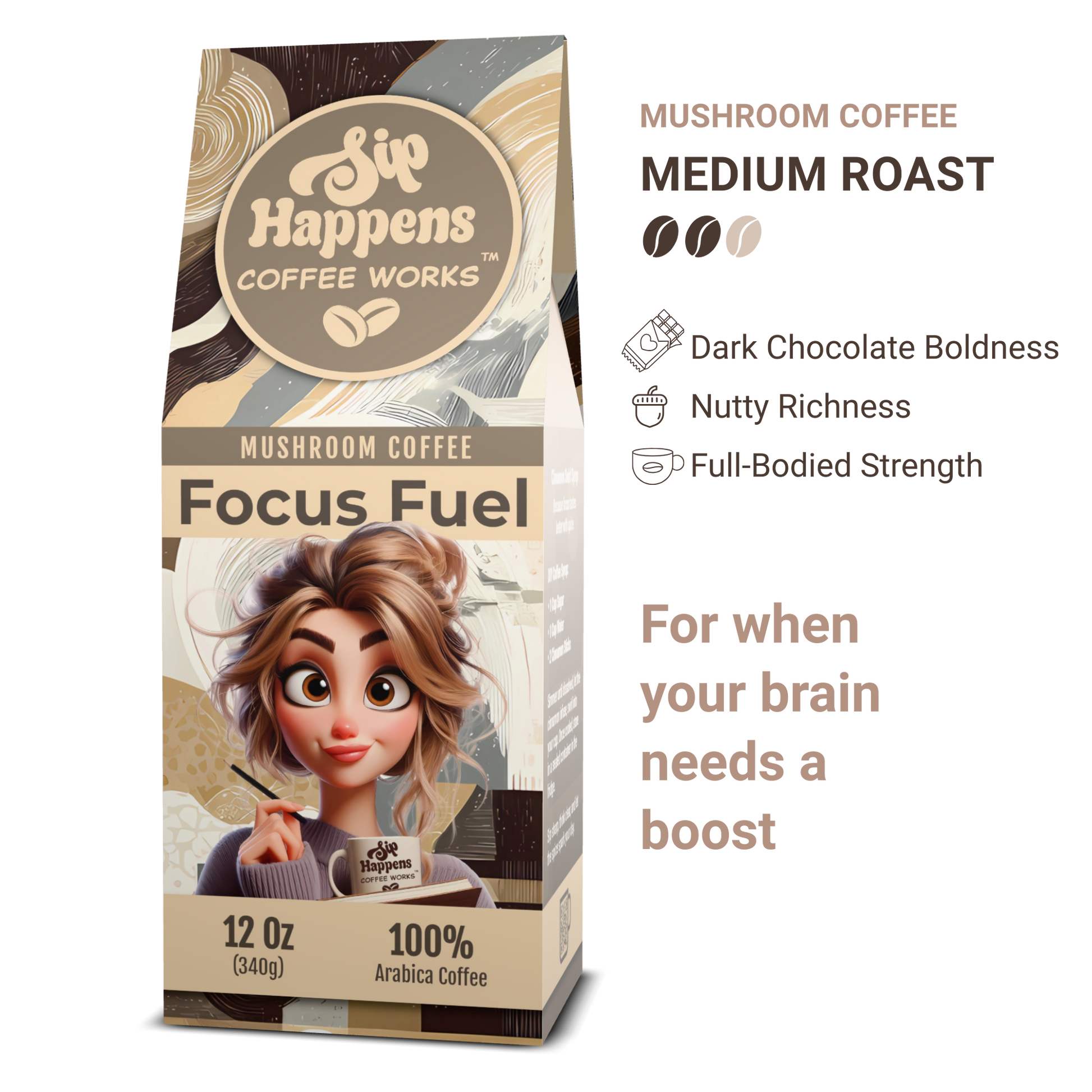 Coffee package with cartoon character and text about 'Sip Happens Coffee Works' focus fuel