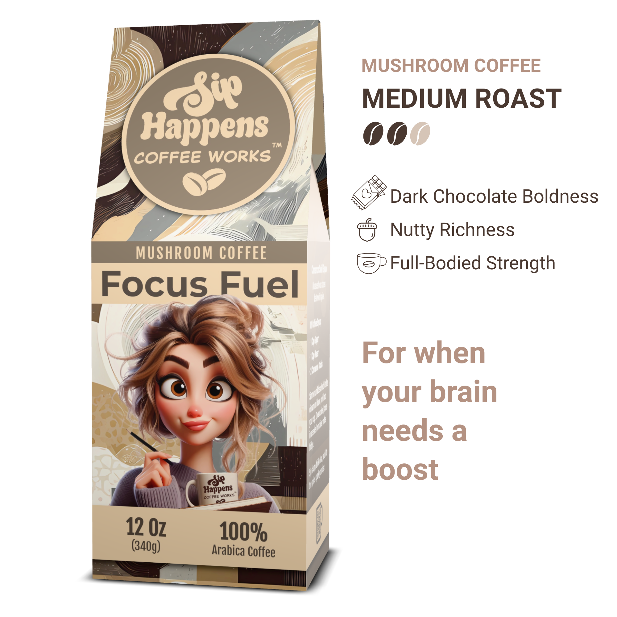 Coffee package with cartoon character and text about 'Sip Happens Coffee Works' focus fuel