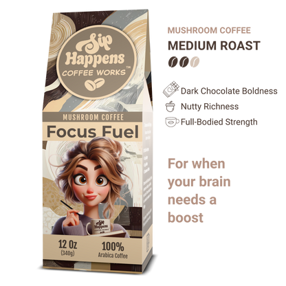 Coffee package with cartoon character and text about 'Sip Happens Coffee Works' focus fuel