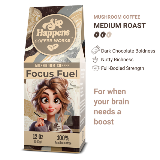 Coffee package with cartoon character and text about 'Sip Happens Coffee Works' focus fuel