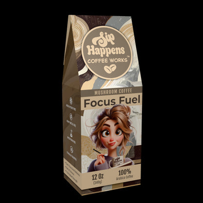 Coffee bag from 'Sip Happens Coffee Works' with a character holding a coffee cup on a white background
