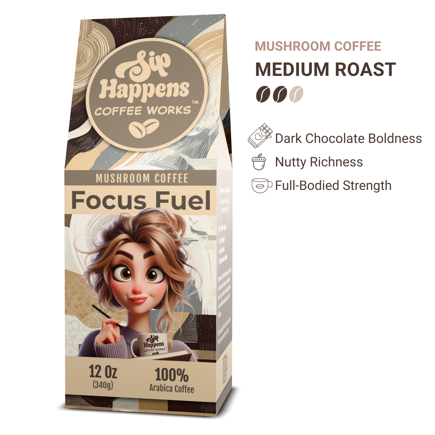 Coffee package labeled 'Sip Happens Coffee Works' with a cartoon character on a white background