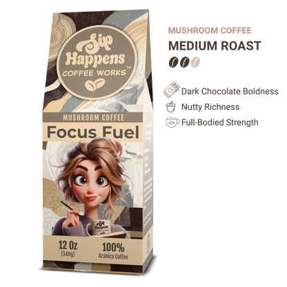 Coffee package labeled 'Sip Happens Coffee Works' with a cartoon character on a white background