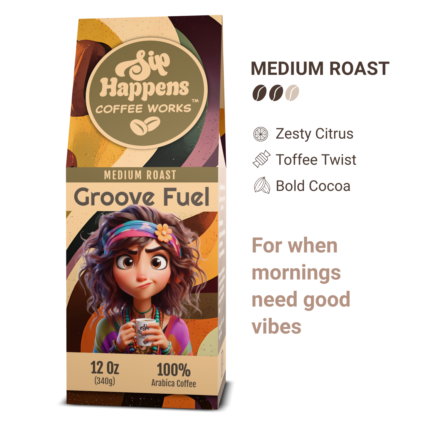 Coffee package with a character holding a coffee cup, labeled 'Groove Fuel' from 'Sip Happens Coffee Works'.