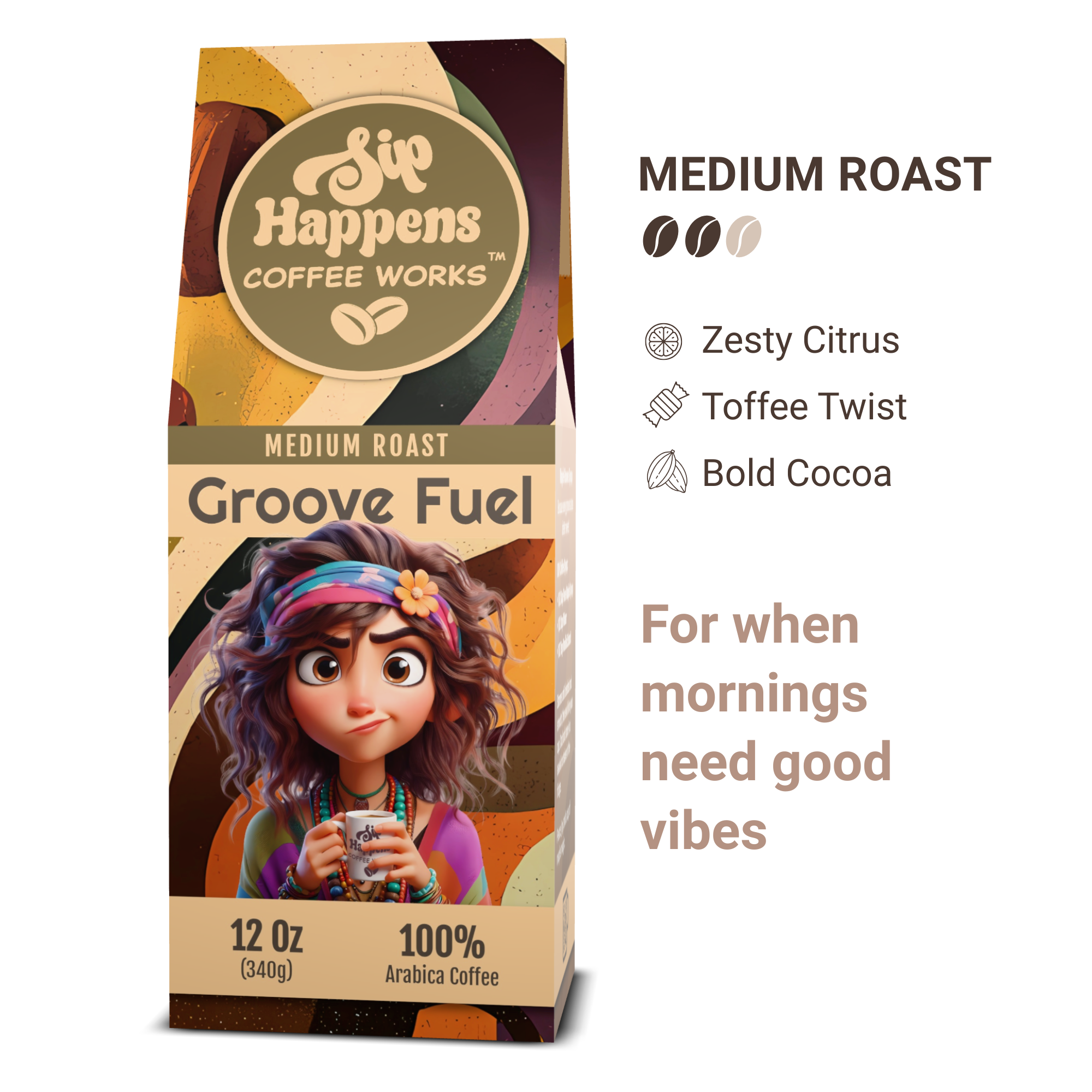 Coffee package with a character holding a coffee cup, labeled 'Groove Fuel' from 'Sip Happens Coffee Works'.