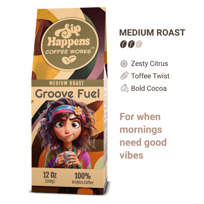 Coffee package with a character holding a coffee cup, labeled 'Groove Fuel' from 'Sip Happens Coffee Works'.