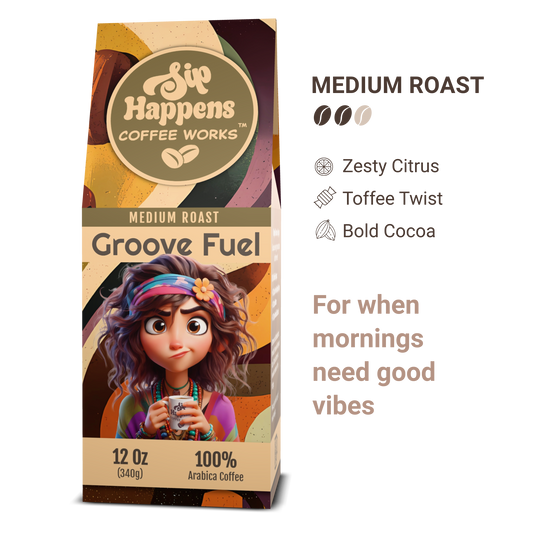 Coffee package with a character holding a coffee cup, labeled 'Groove Fuel' from 'Sip Happens Coffee Works'.