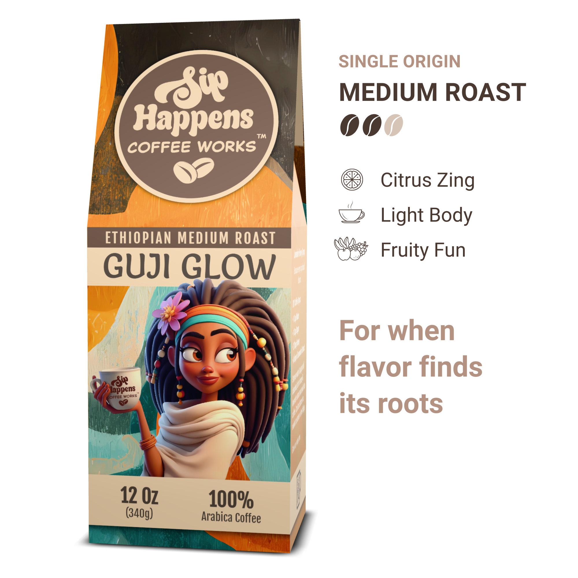 Coffee bag from 'Sip Happens Coffee Works' with a character holding a coffee cup on a white background
