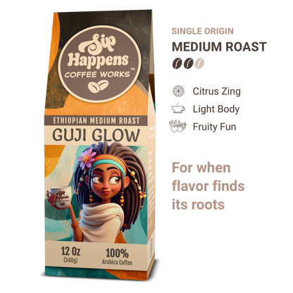 Coffee bag from 'Sip Happens Coffee Works' with a character holding a coffee cup on a white background

