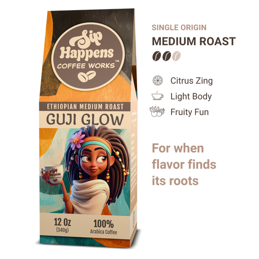 Coffee bag from 'Sip Happens Coffee Works' with a character holding a coffee cup on a white background
