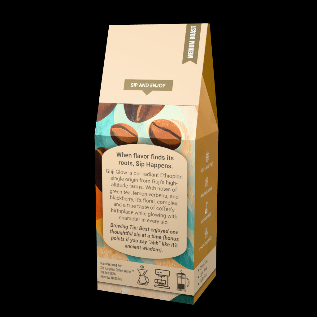 Coffee bag from 'Sip Happens Coffee Works' with a character holding a coffee cup on a white background
