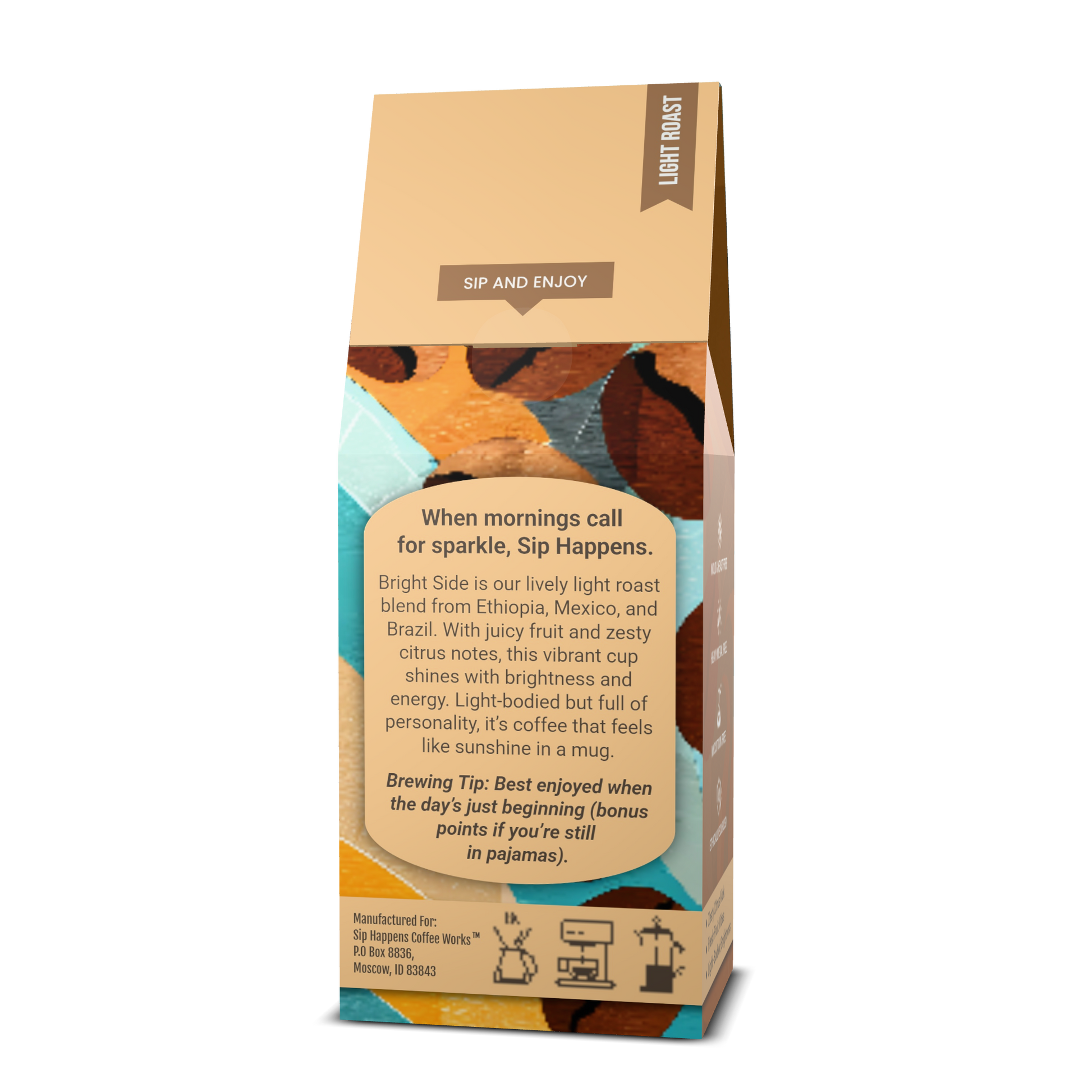 Coffee bag from 'Sip Happens Coffee Works' with a character holding a coffee cup on a white background