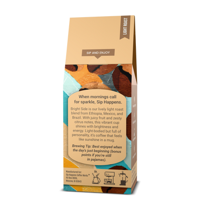 Coffee bag from 'Sip Happens Coffee Works' with a character holding a coffee cup on a white background
